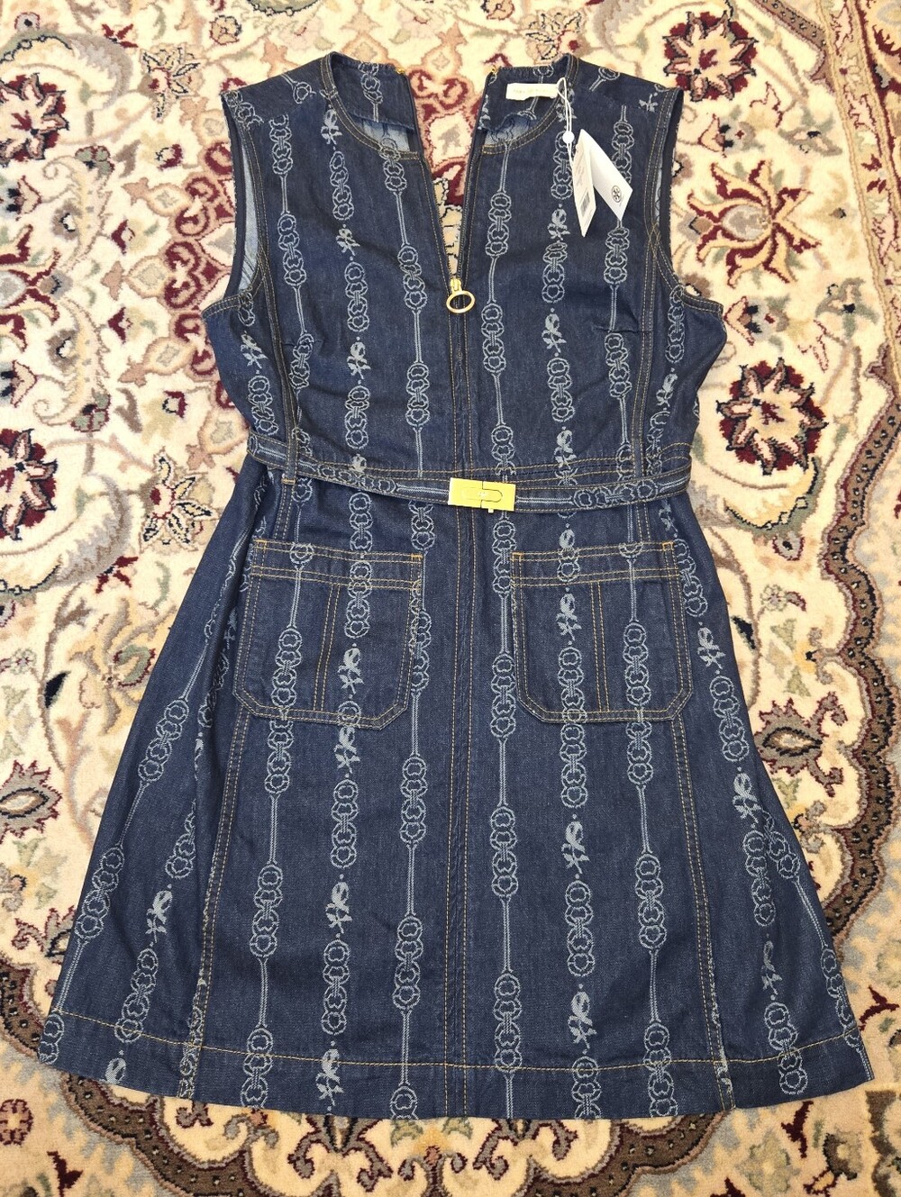 Tory Burch Dark Indigo Embroidered Denim Midi Dress with Gold Buckle